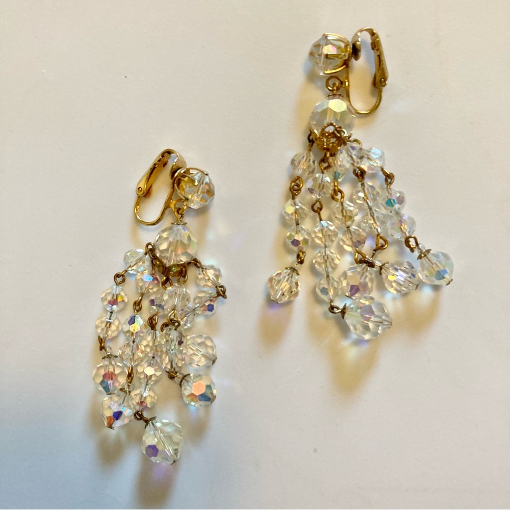 Vintage clip earrings dangly sparkly crystal 1950s romantic